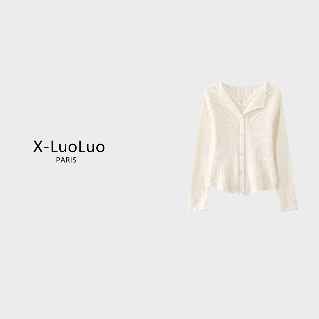 【X-LuoLuo洛洛】2025秋季法式V领蕾丝拼接翻领短款针织开衫上衣女