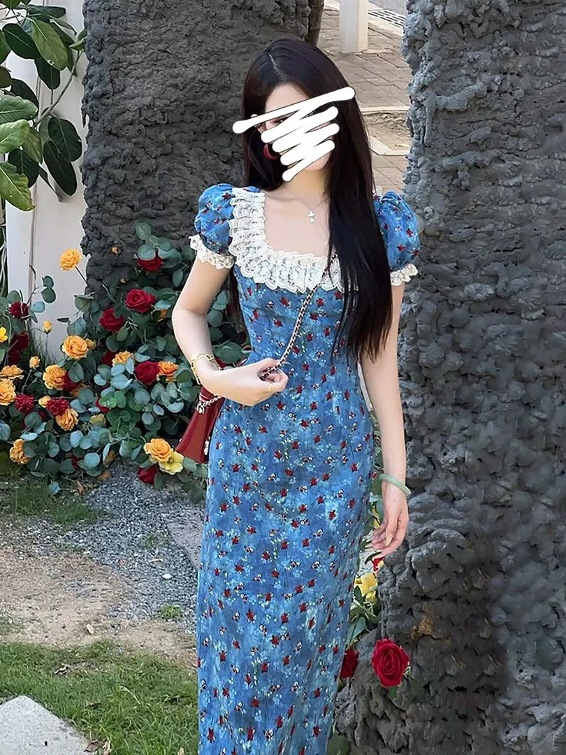 连衣裙女2025夏季新款法式气质泡泡袖花边收腰显瘦中长款碎花裙子