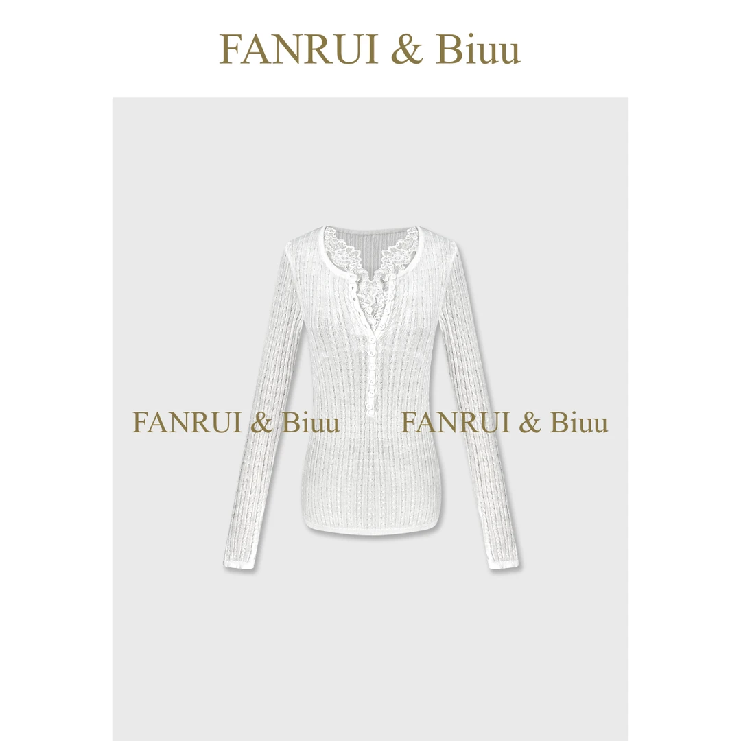 FANRUI/泛芮 「海棠未眠」羊毛蕾丝钩花拼接气质百搭针织上衣B19071