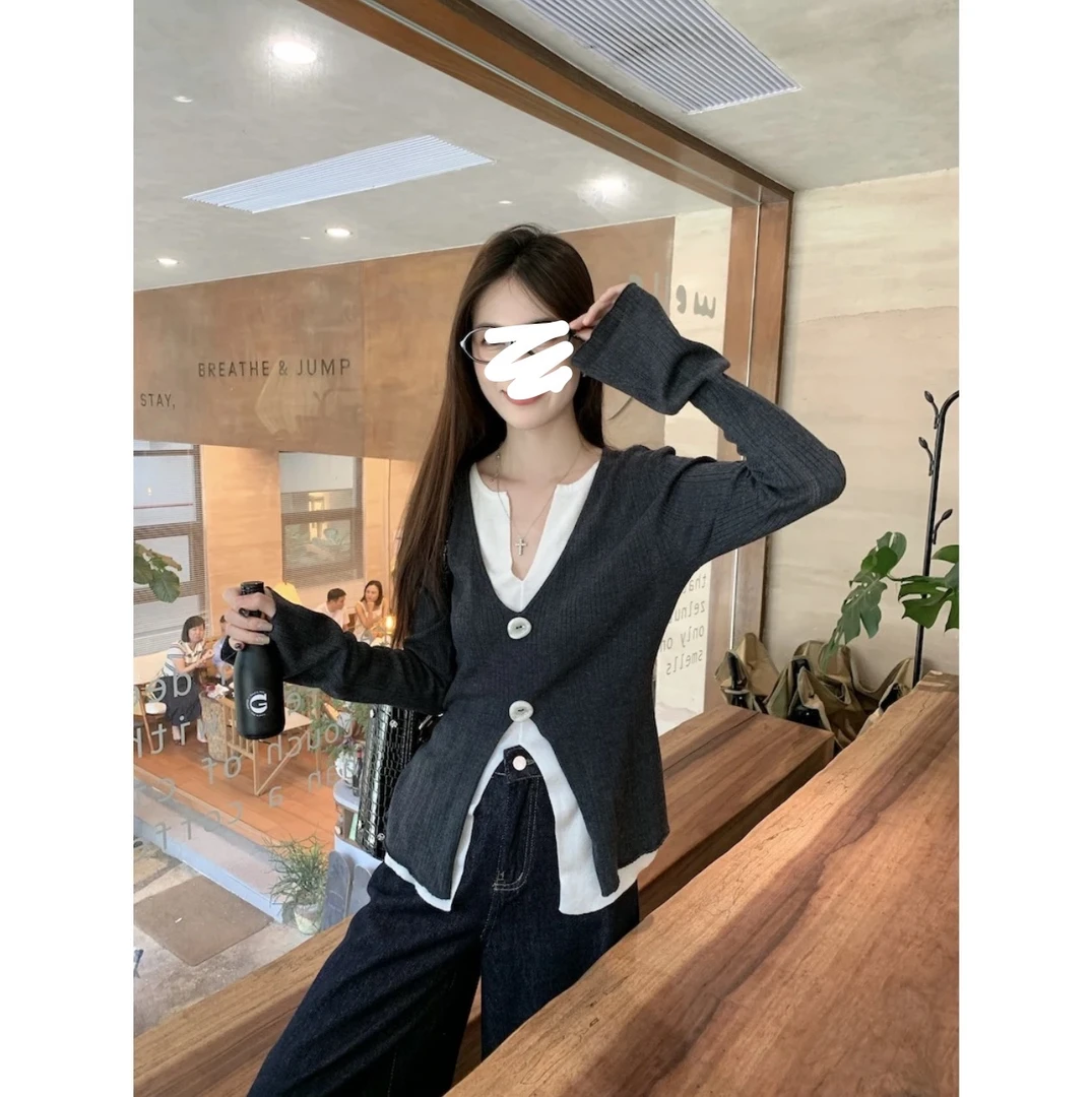 天一~假两件百搭打底女早春长袖高级感慵懒显瘦上衣9615