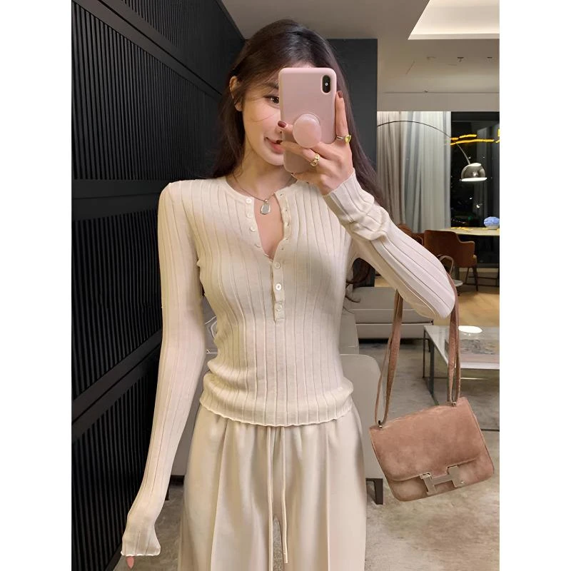 2025秋季新款半开领坑条针织衫女韩系修身显瘦内搭打底衫长袖上衣