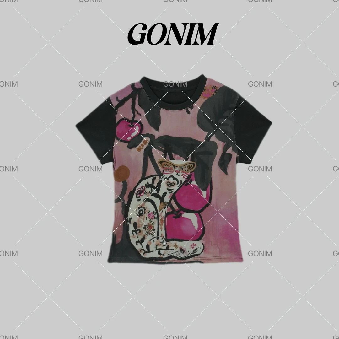 Gonim·"抽象艺术"2025早春新款时尚洋气设计感国风涂鸦百搭女T恤