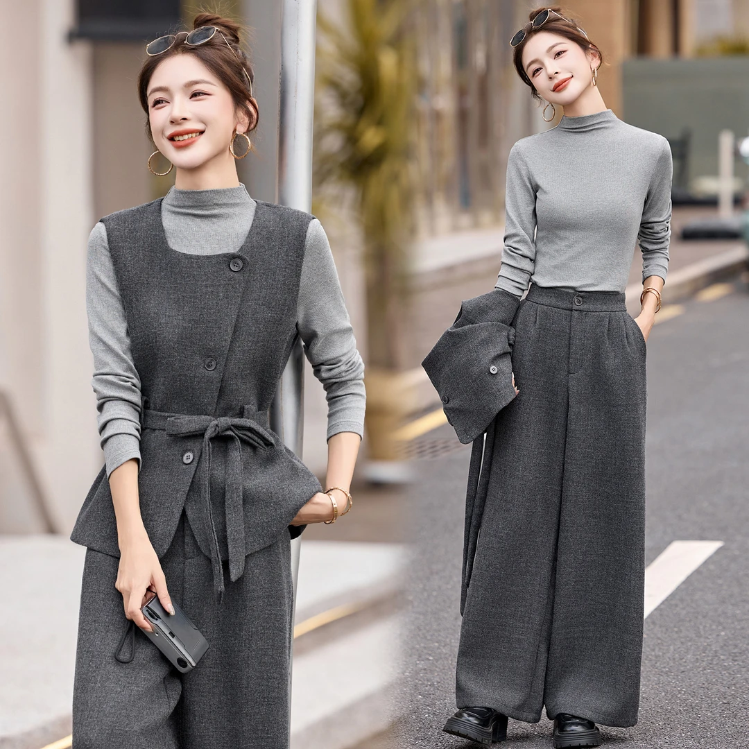通勤休闲风INS风时尚三件套装2025秋季女连衣裙长款高领针织秋装