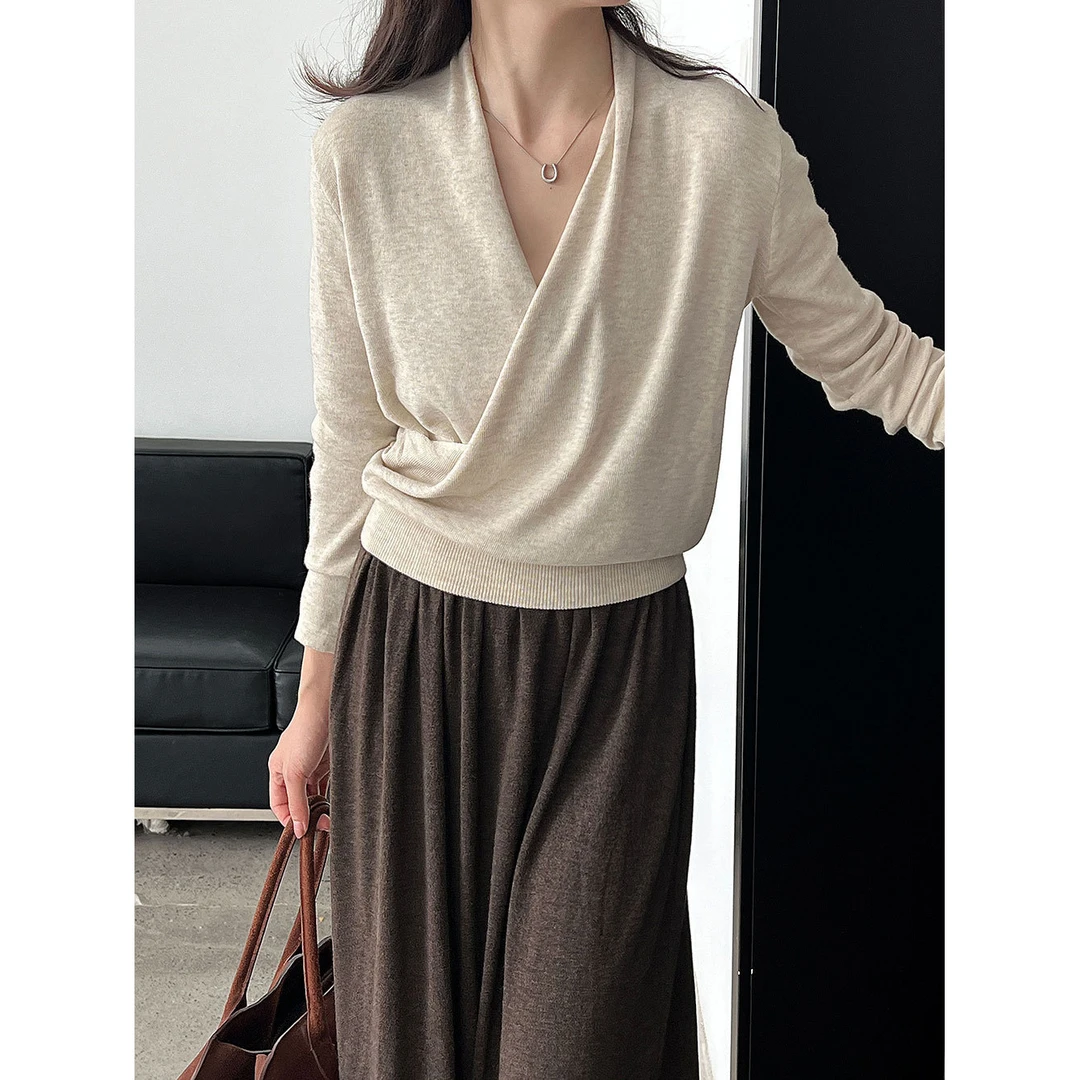 韩系交叉斜门襟针织衫女25秋季新款柔软羊毛打底衫上衣显瘦气质