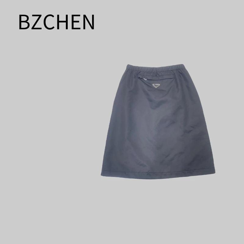 BZCHEN 纯色简约高腰松紧腰三角开叉中长款夹棉前后两穿半身裙