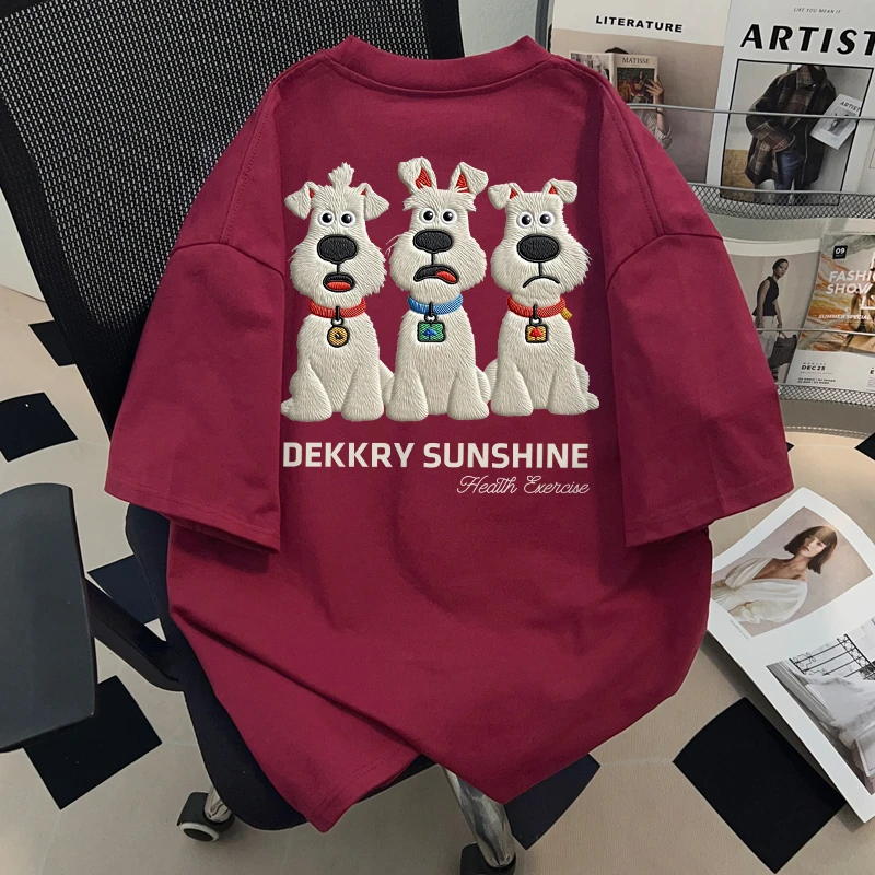 Dekkry夏季纯棉短袖t恤新款酒红色仿刺绣卡通小狗印花男女款上衣
