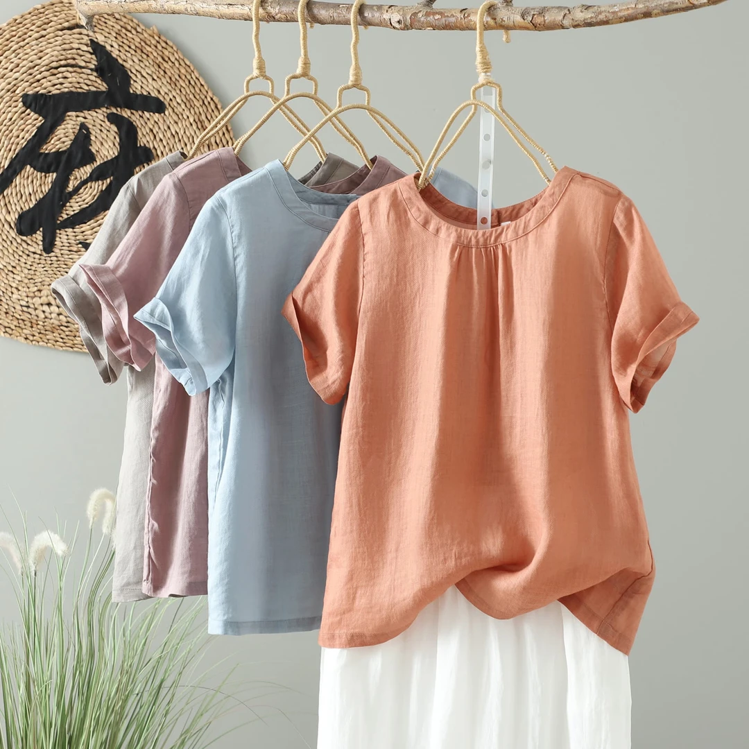 圆领100%苎麻夏季女士中袖衬衫两面穿小衫洋气宽松纯色国风五分袖