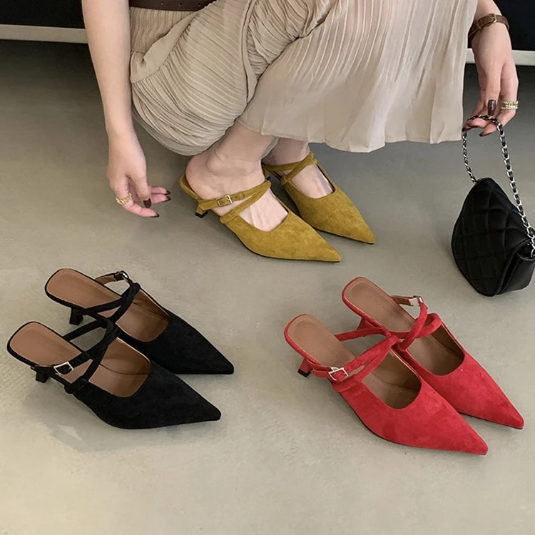 单鞋女2025秋季新款细跟高跟鞋浅口女鞋配裙子尖头鞋子包头半拖鞋