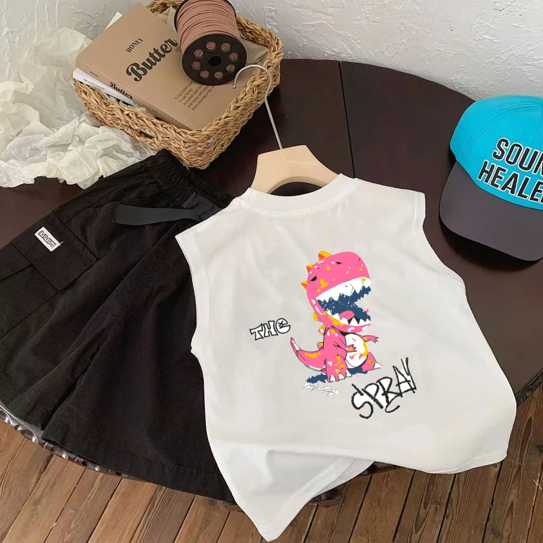 【纯棉】夏季新款童装儿童韩版百搭无袖T男童可爱卡通恐龙背心