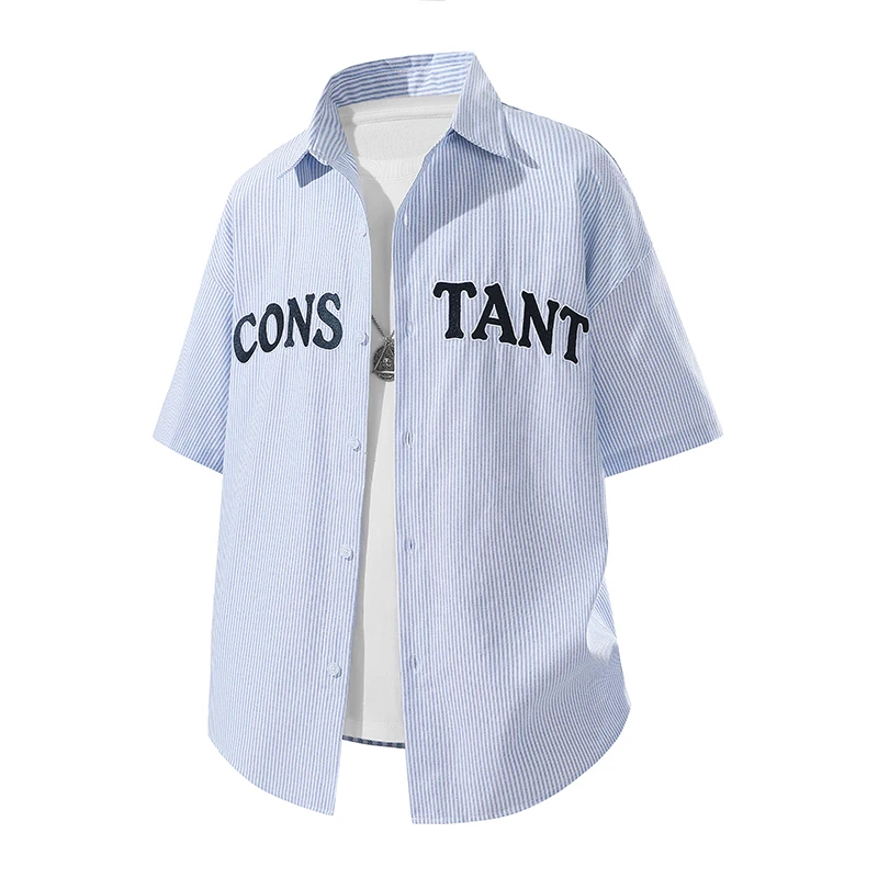 2025夏季新款宽松短袖衬衣美式翻领条纹字母印花情侣款休闲衬衫