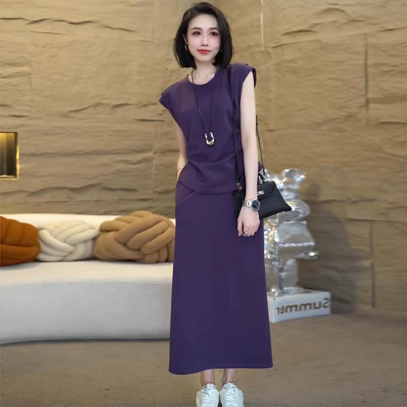 时尚高级感套装裙女2025夏季新款洋气短袖圆领上衣半身裙两件套