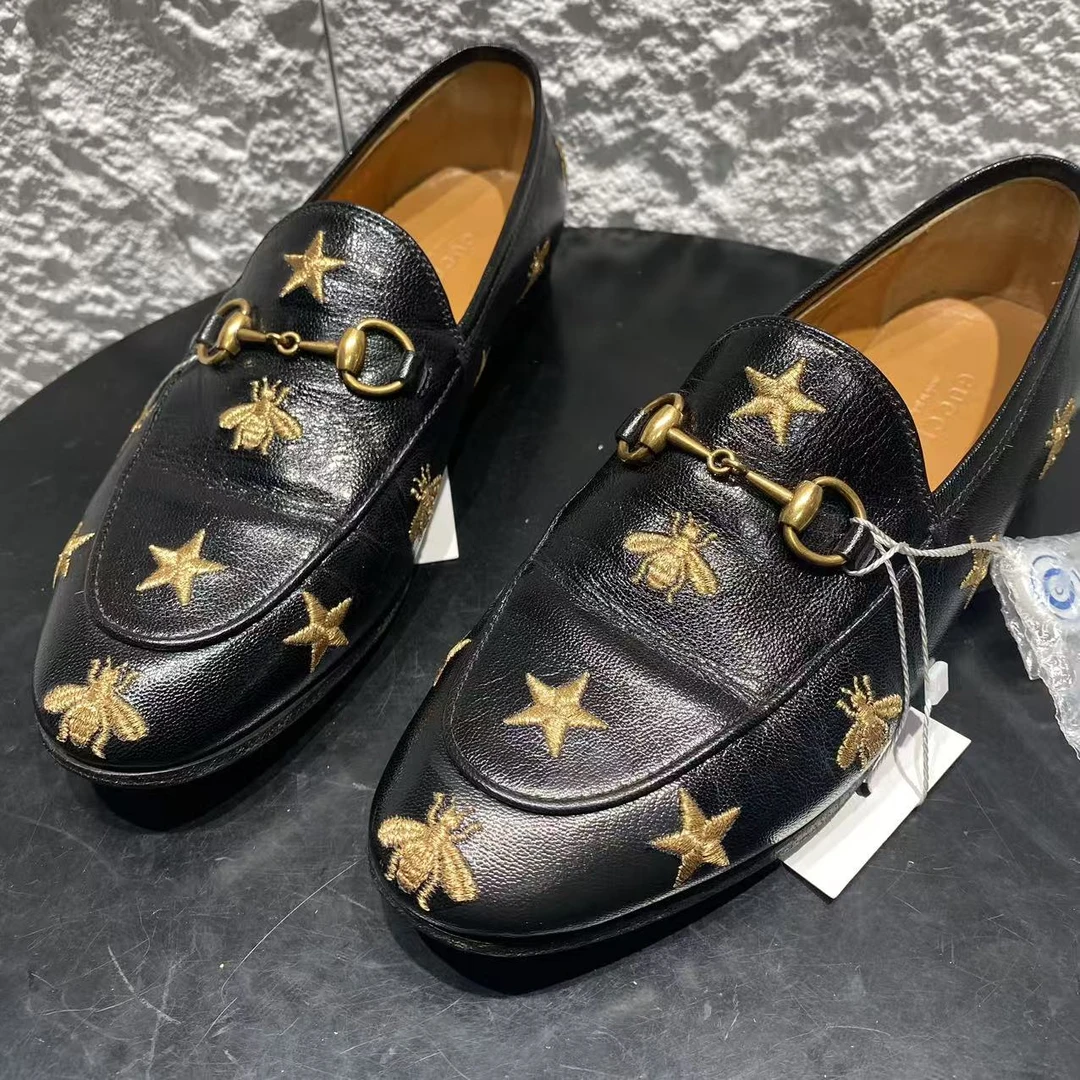 99新 GUCCI/古驰 37码/仔仔女鞋/黑色金星蜜峰马衔扣款乐福鞋 873