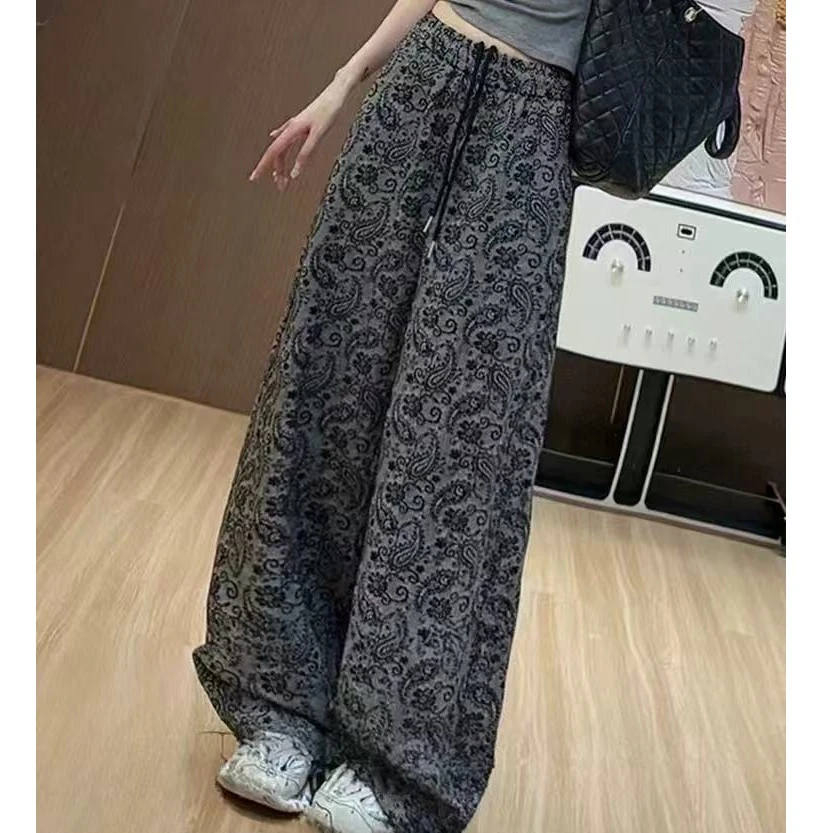 【锦衣服饰】YY 2508韩系高腰提花显瘦阔腿裤