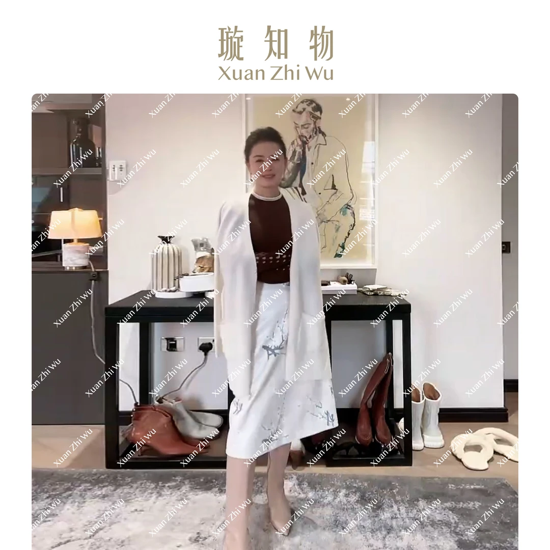 晨雾色月光皮裙羊皮革 优雅印花女士小众裙王璇原创设计