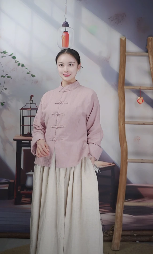 七初定制布衣 亚麻粗麻提花柔软经典立领修身对襟五盘上衣