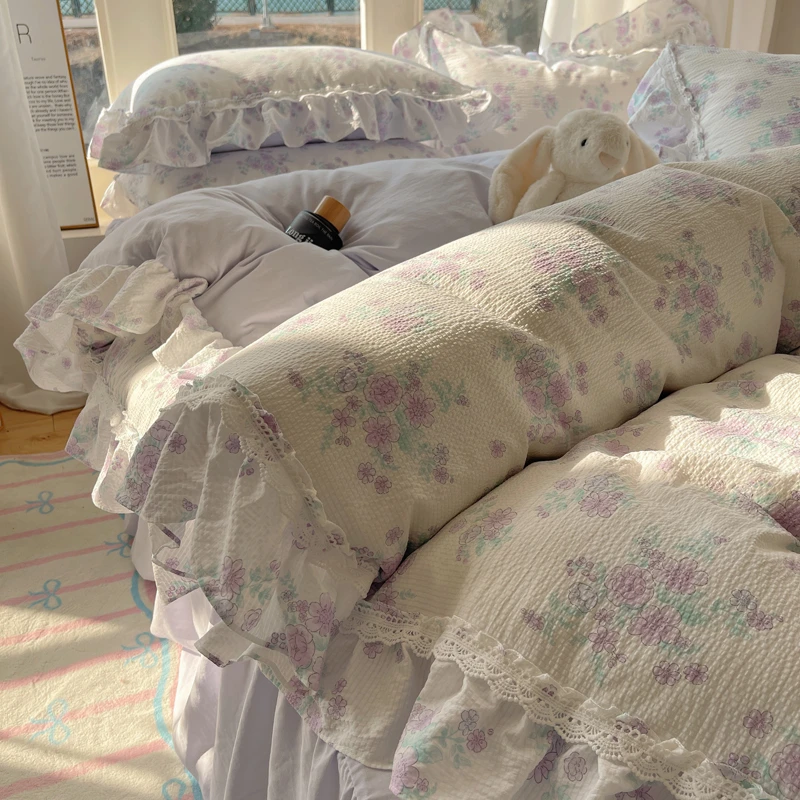 法式小清新奶油风花边床裙款四件套小碎花被套床单床上用品床笠