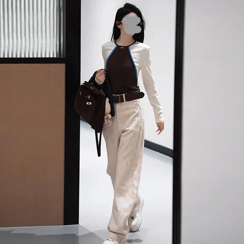 老钱风松驰感套装女2025年春秋新款撞色打底长袖t恤阔腿裤两件套