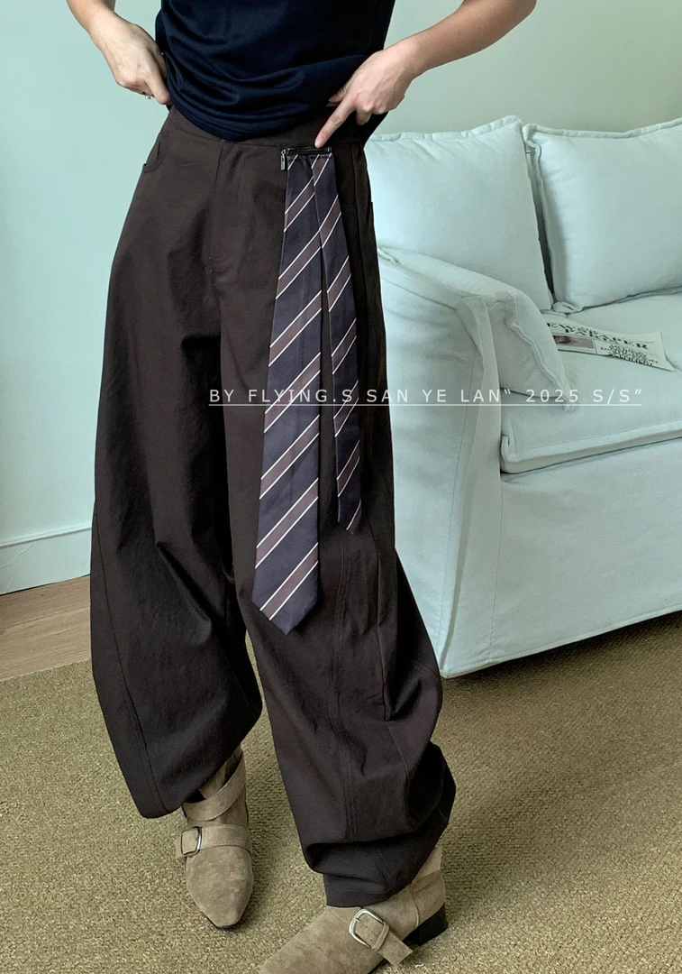 SYL2025秋季新款纯色拉链丝带阔腿裤2315