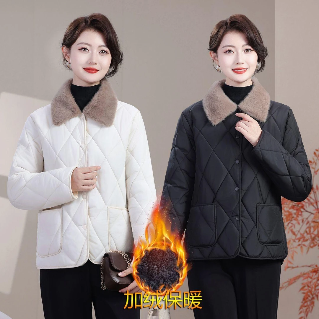 冬季翻毛领加绒加厚棉衣女短款保暖外套妈妈装气质百搭防寒小棉服