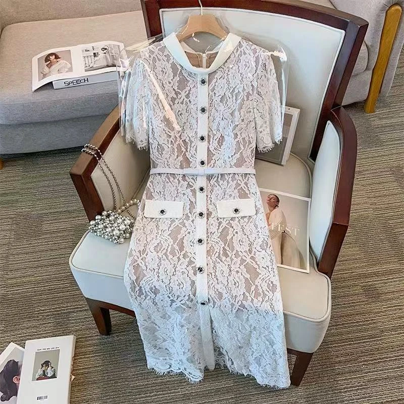 『朱小姐』纯净白气质优雅钻饰蕾丝短袖连衣裙 G053