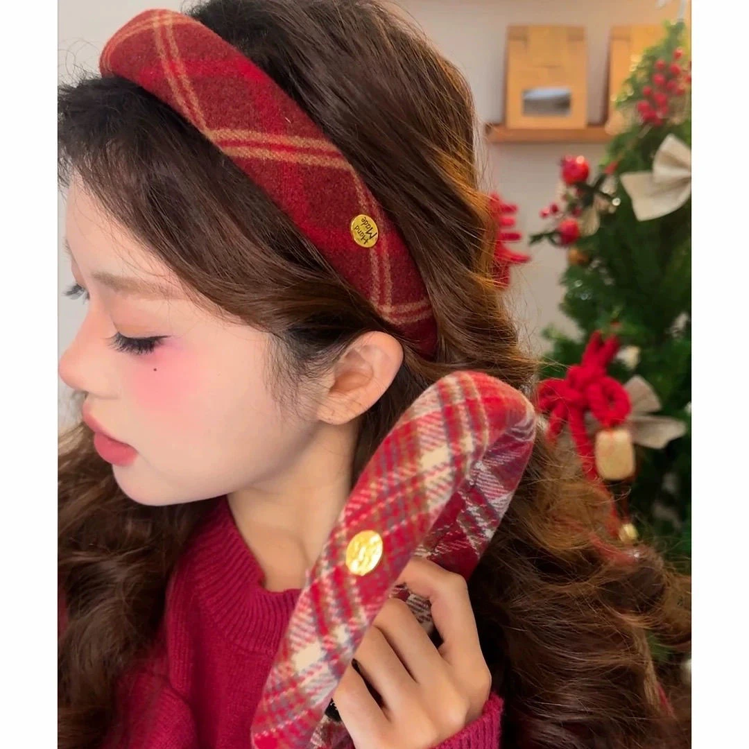 新年来啦~秋冬红色高颅顶格子发箍女2025新款高级感洗脸头箍头饰