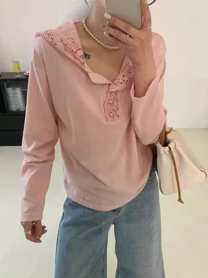 蕾丝花边拼接连帽长袖T恤女士洋气宽松显瘦上衣2025春装新款女装