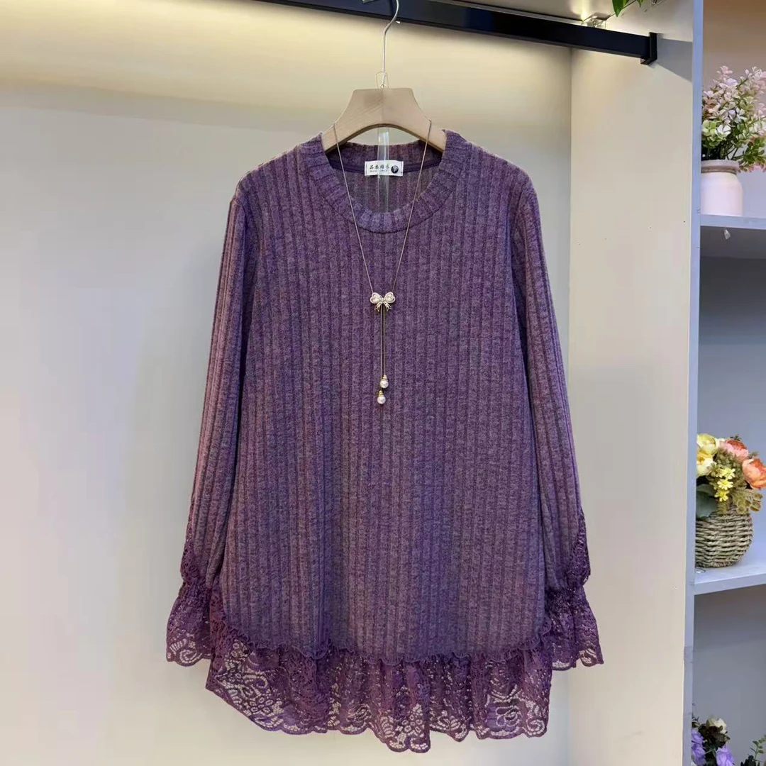 拼接蕾丝植绒宽松中长款大衫秋冬加厚上衣