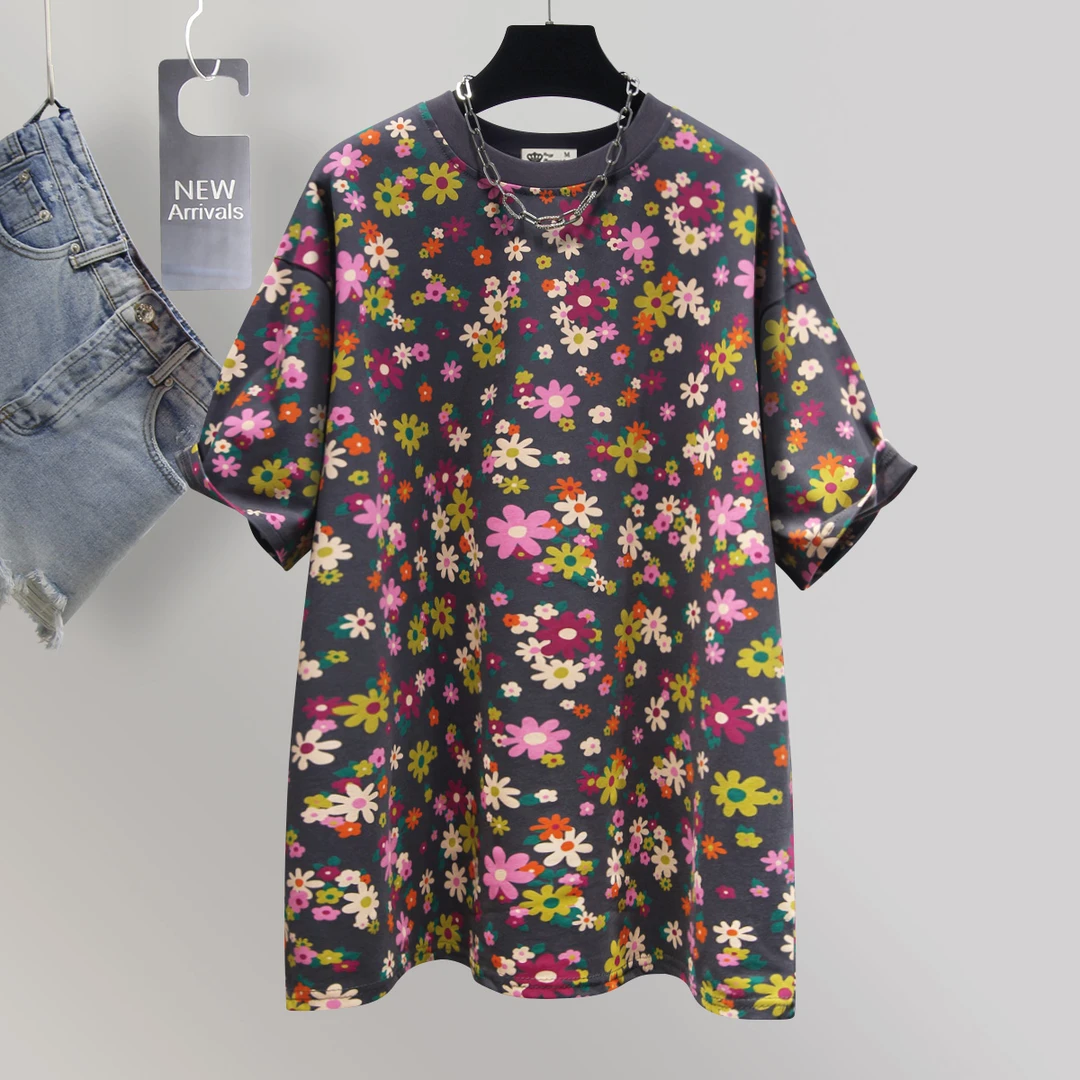 碎花小雏菊t恤女短袖2025新款夏季美式潮大版宽松显瘦上衣中长款