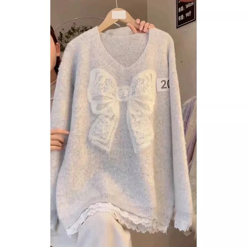 法式蕾丝蝴蝶结V领针织衫女秋冬慵懒风宽松加厚休闲百搭毛衣上衣