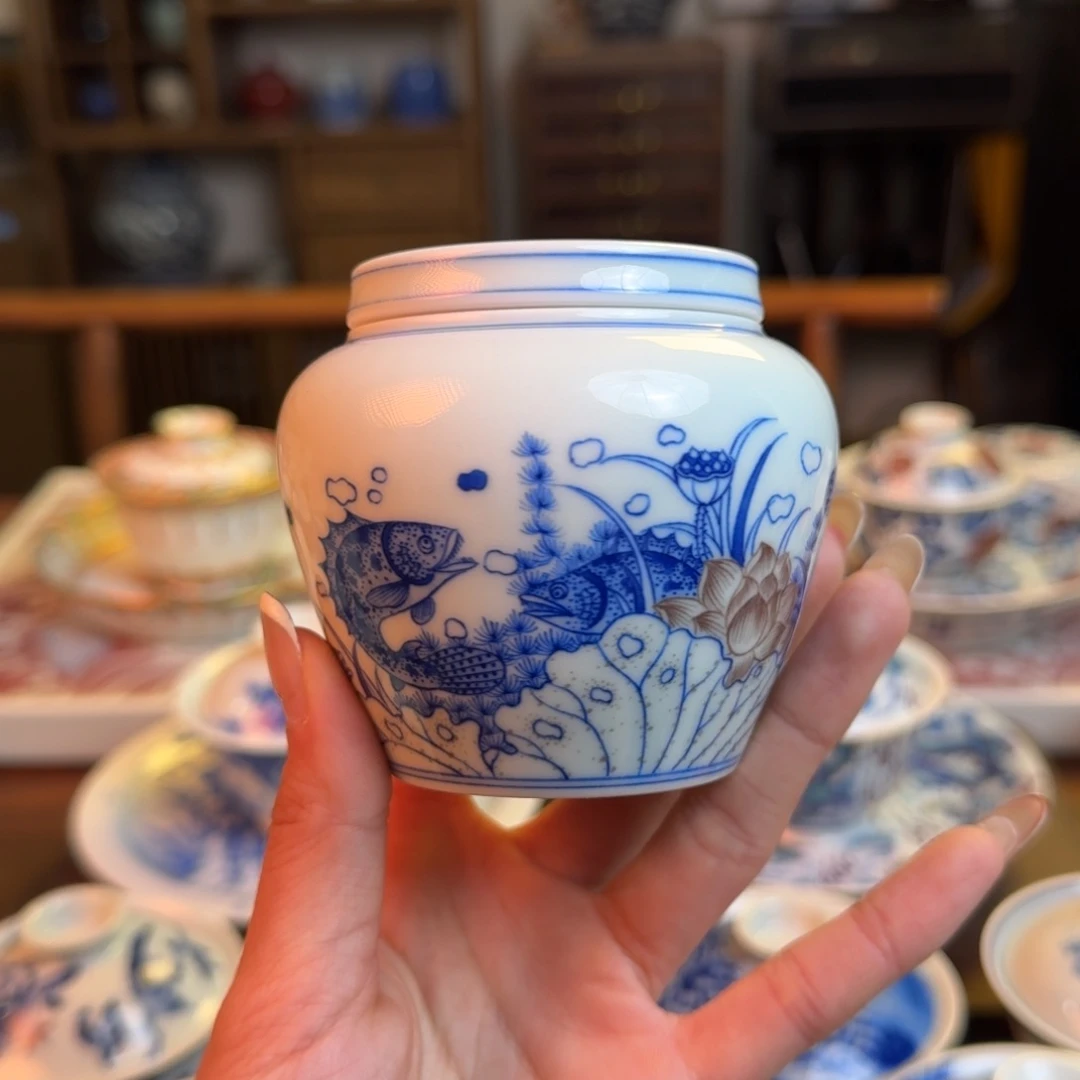 杯重工瑜器茶叶罐点工鱼藻纹