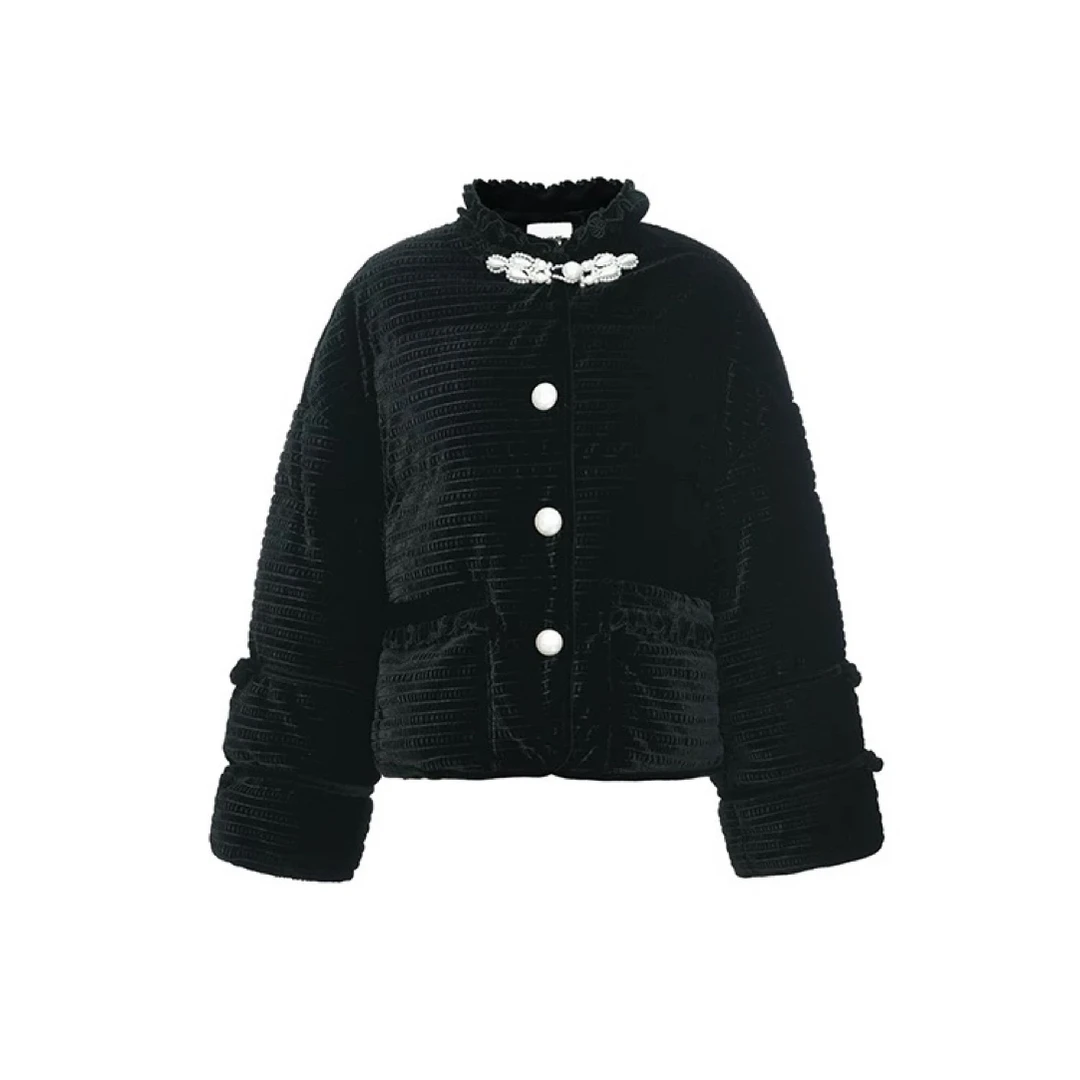 LeFame/拉飞姆冬季新中式精致立领绣花丝绒羽绒服LF24D02DC288