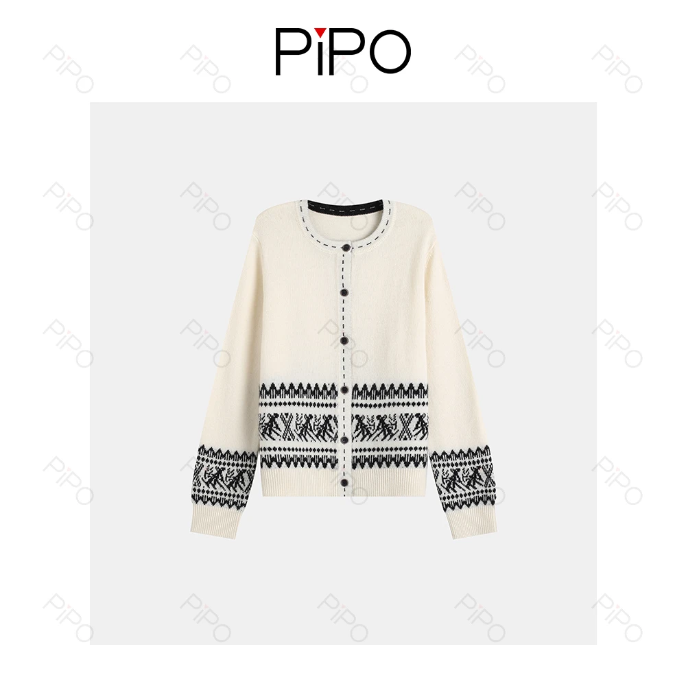 PIPO100绵羊毛提花费尔岛开衫秋冬花呢拼色针织DD53AA065