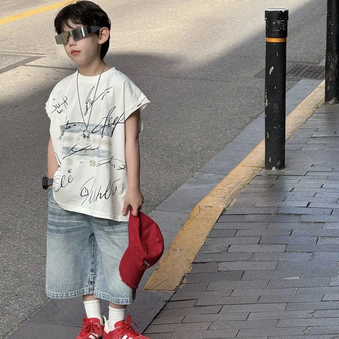 2025夏新款儿童字母印花坎肩背心男童时尚百搭无袖T恤软牛仔裤F01