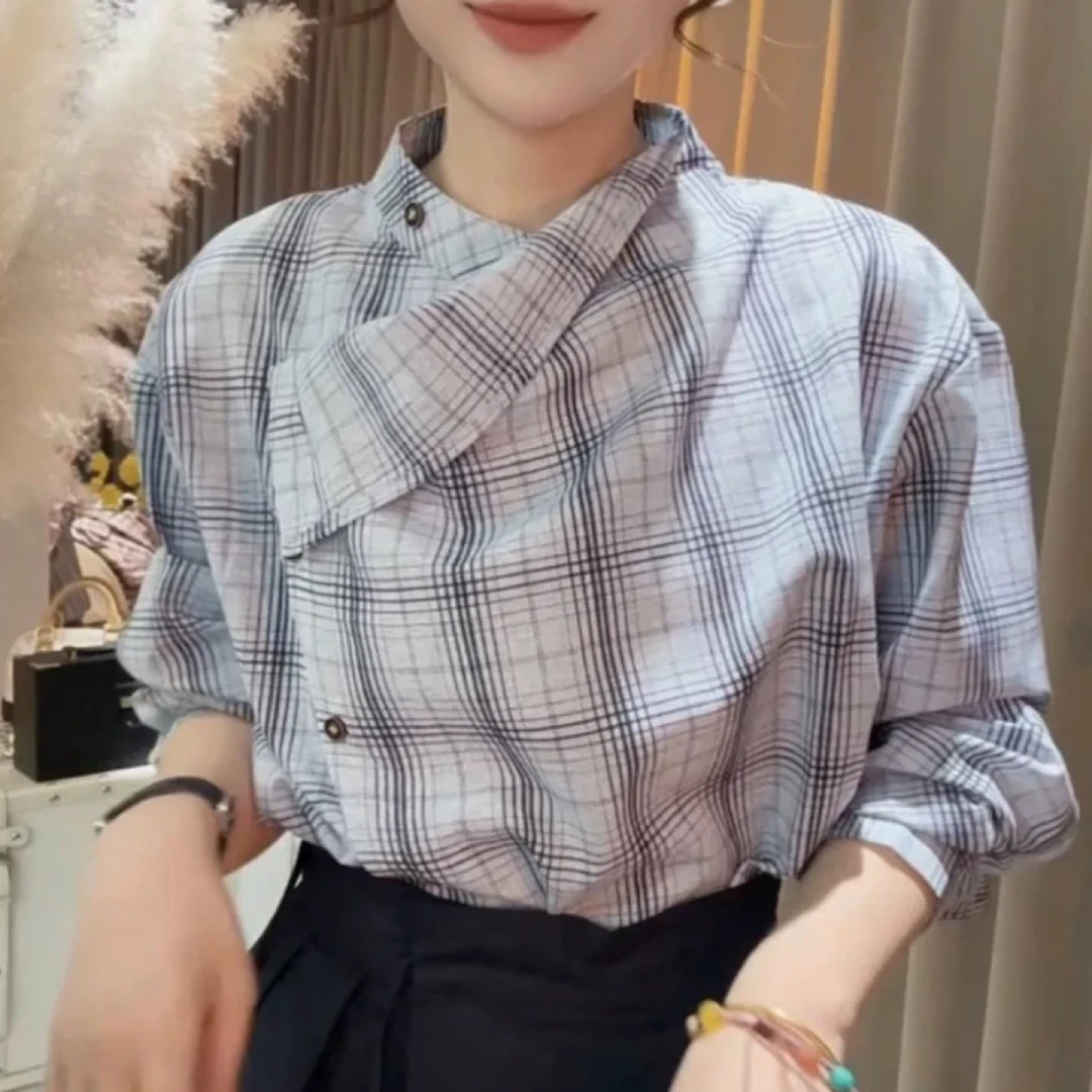 法式小香风格子设计感小众洋气不规则长袖衬衫女