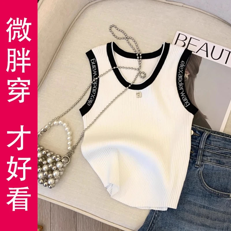 甜辣妹字母吊带女内搭打底衫新款针织U领背心胖MM显瘦无袖上衣夏