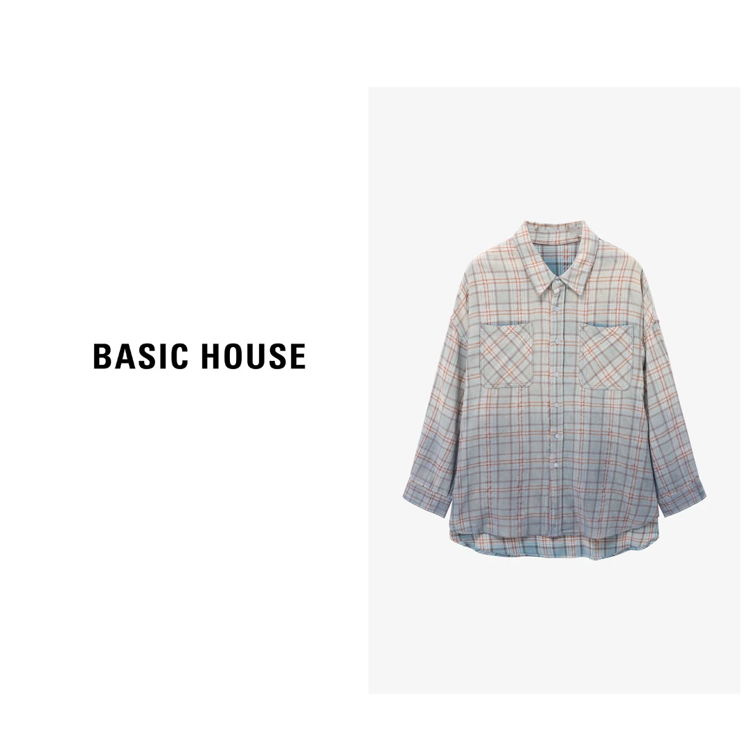 Basic House/百家好春季长款渐变休闲时尚格纹衬衫-B0625H5G142