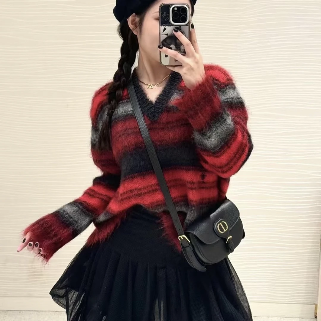 99新 DIOR/迪奥 apr755 25FW红黑条纹小蜜蜂针织衫 38码 马海毛