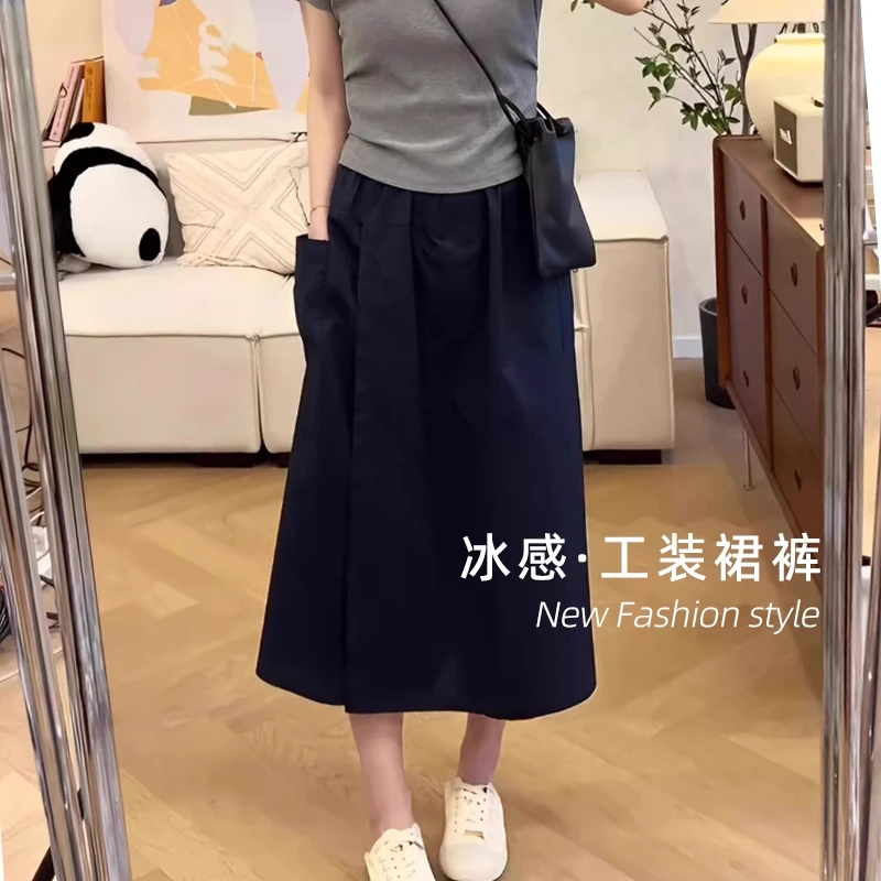 工装休闲裙裤女2025夏薄款高腰胖mm假两件长裙户外a字半身阔腿裙