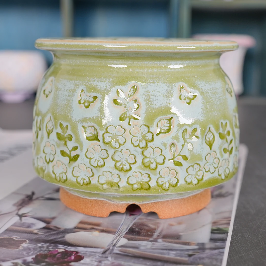 新款手工印章蝴蝶窑变流釉多肉植物花盆内口7.5厘米外高8.5厘米