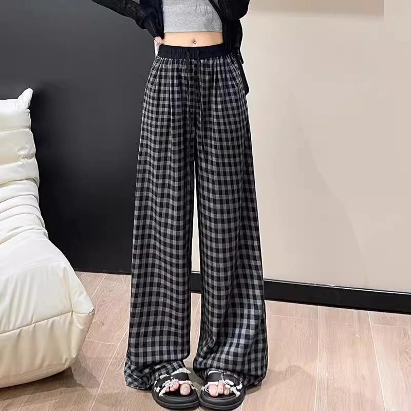 松弛感黑白格子阔腿裤女春夏2025新款休闲裤宽松慵懒风直筒长裤子