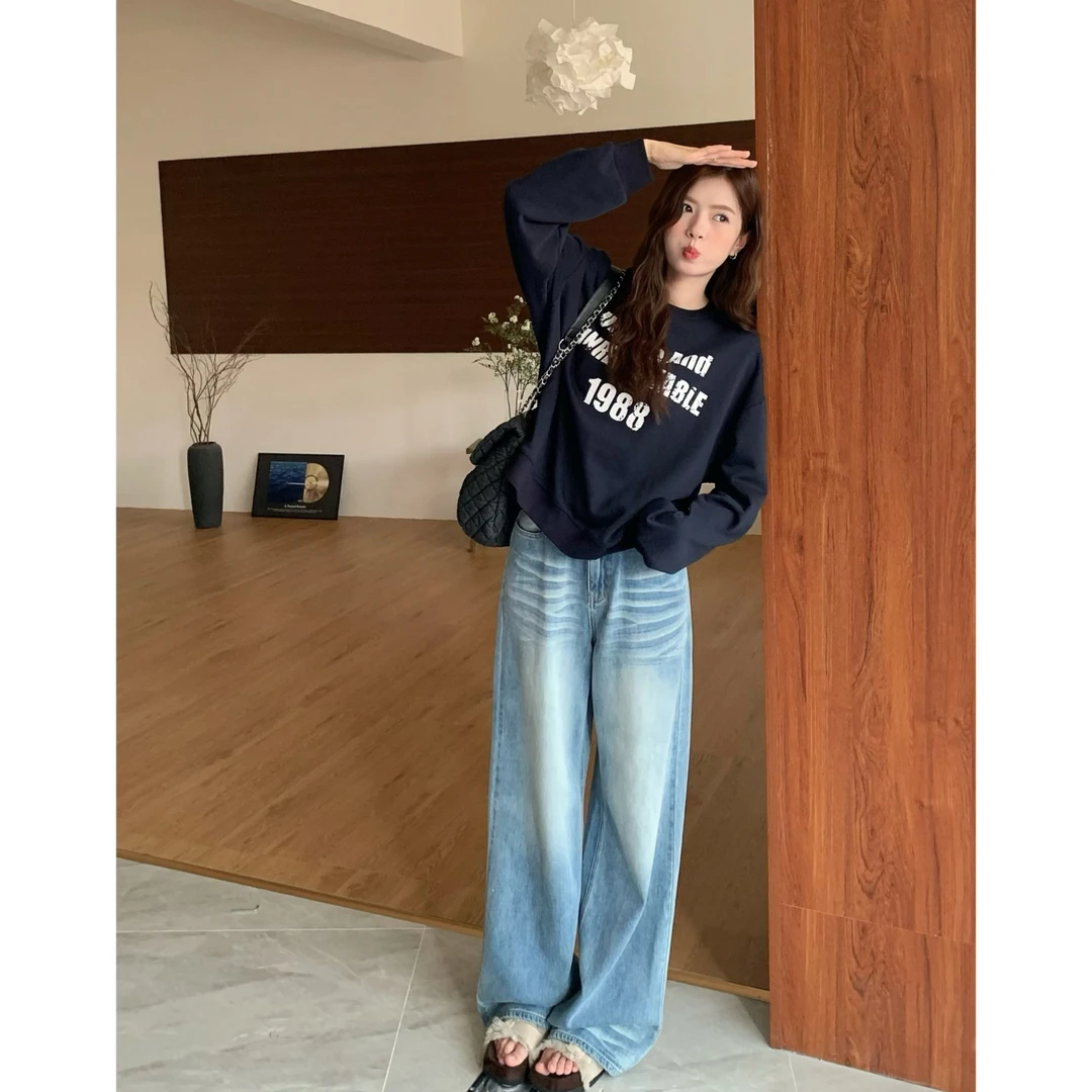 48H【折痕美式牛仔裤】加长水洗秋新款拖地长裤宽松直筒阔腿裤25043