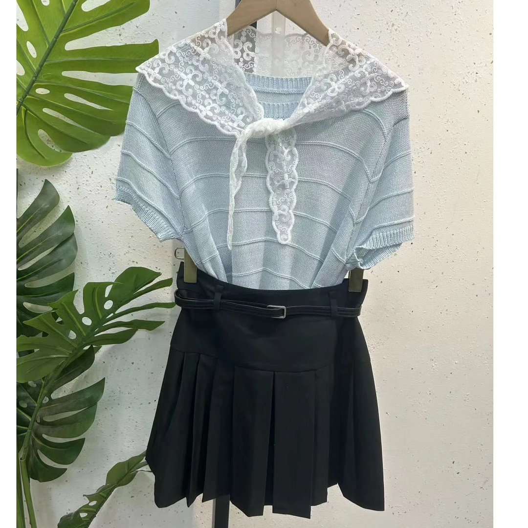 艾莉家韩系蕾丝披肩短袖针织衫上衣简约圆领短袖毛织短袖T恤女