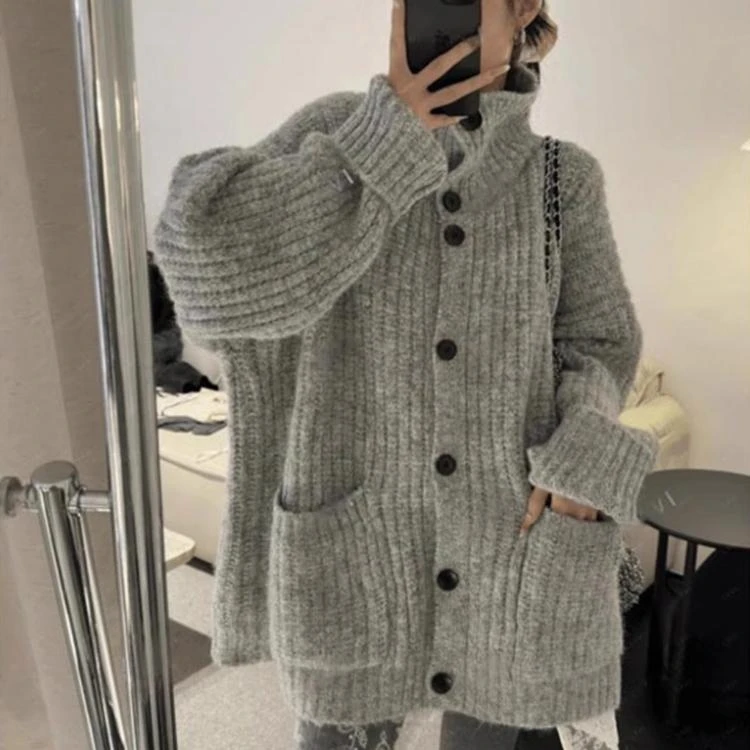 韩系穿搭慵懒立领开衫毛衣女秋冬新款高级感宽松软糯针织上衣外套