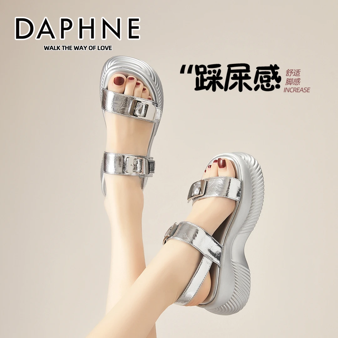 达芙妮魔术贴厚底罗马凉鞋女款2025夏季新款爆款仙女风露趾沙滩鞋