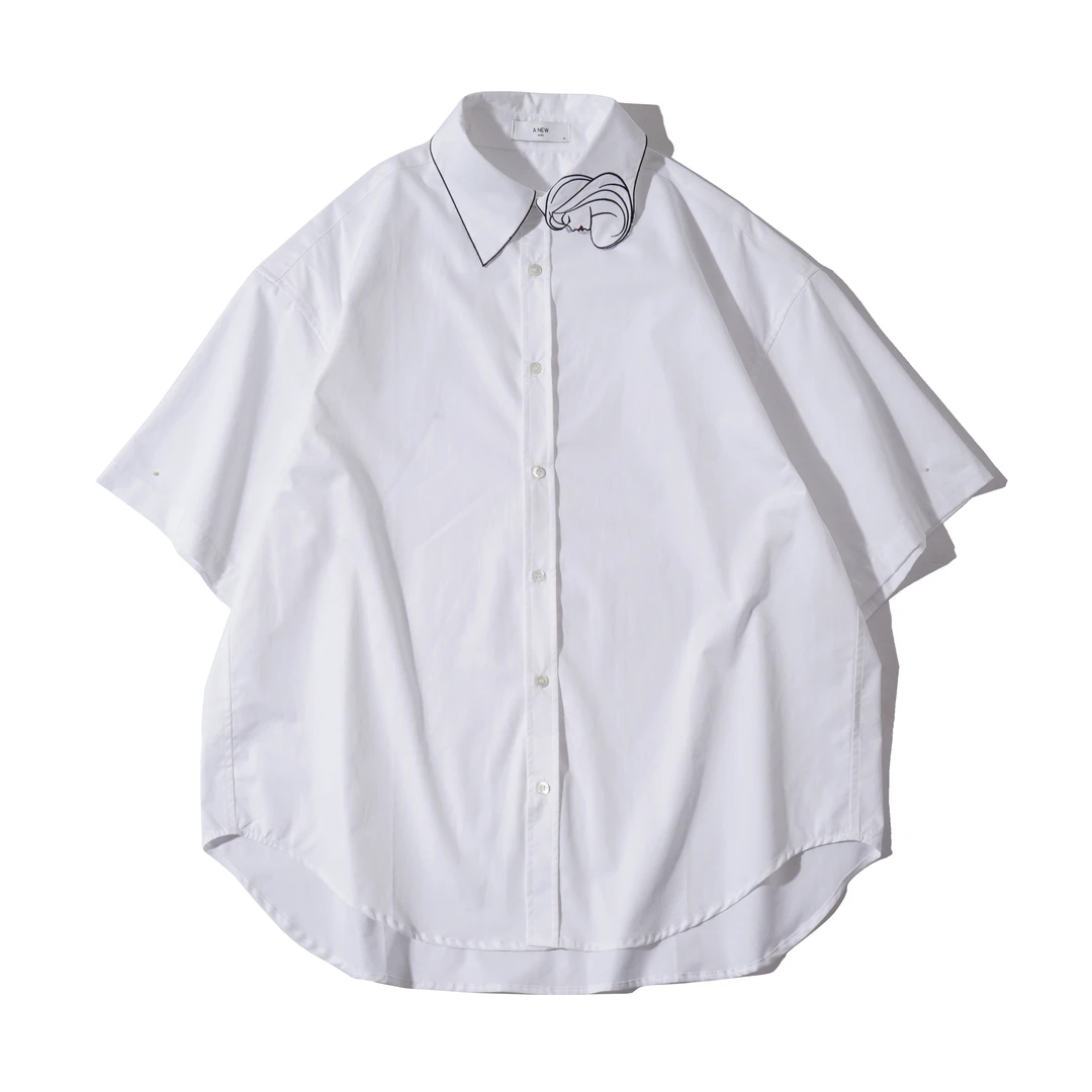 《白月光》领口刺绣 宽松休闲短袖衬衫 1383