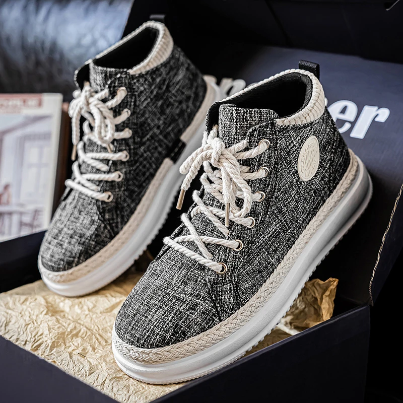 男士高帮草编底板鞋2025秋冬款外穿牛仔布休闲鞋百搭小众学生潮鞋