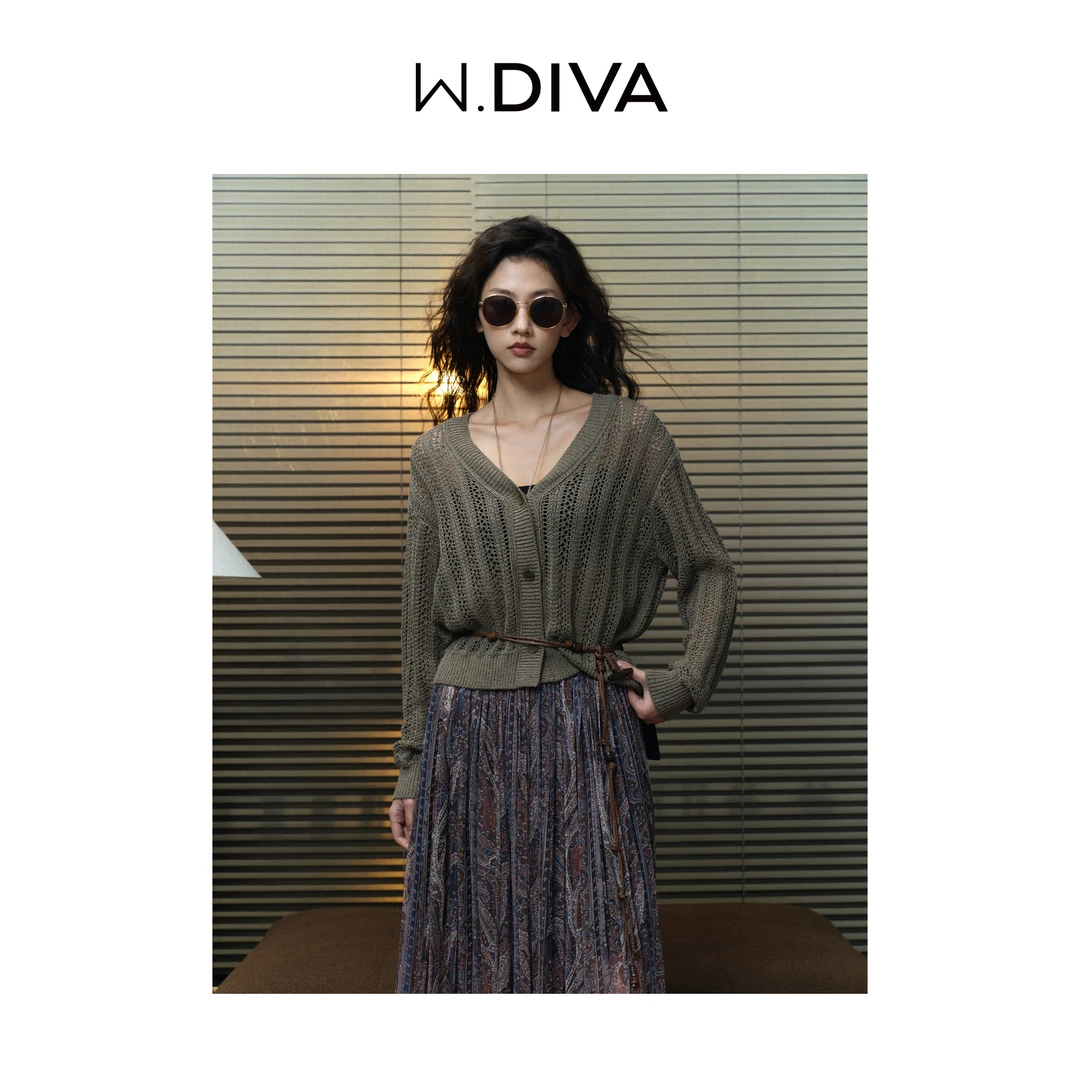 W.Diva【弥敦道9号】棉V领针织衫舒适轻盈透气长袖开衫女51Z181829