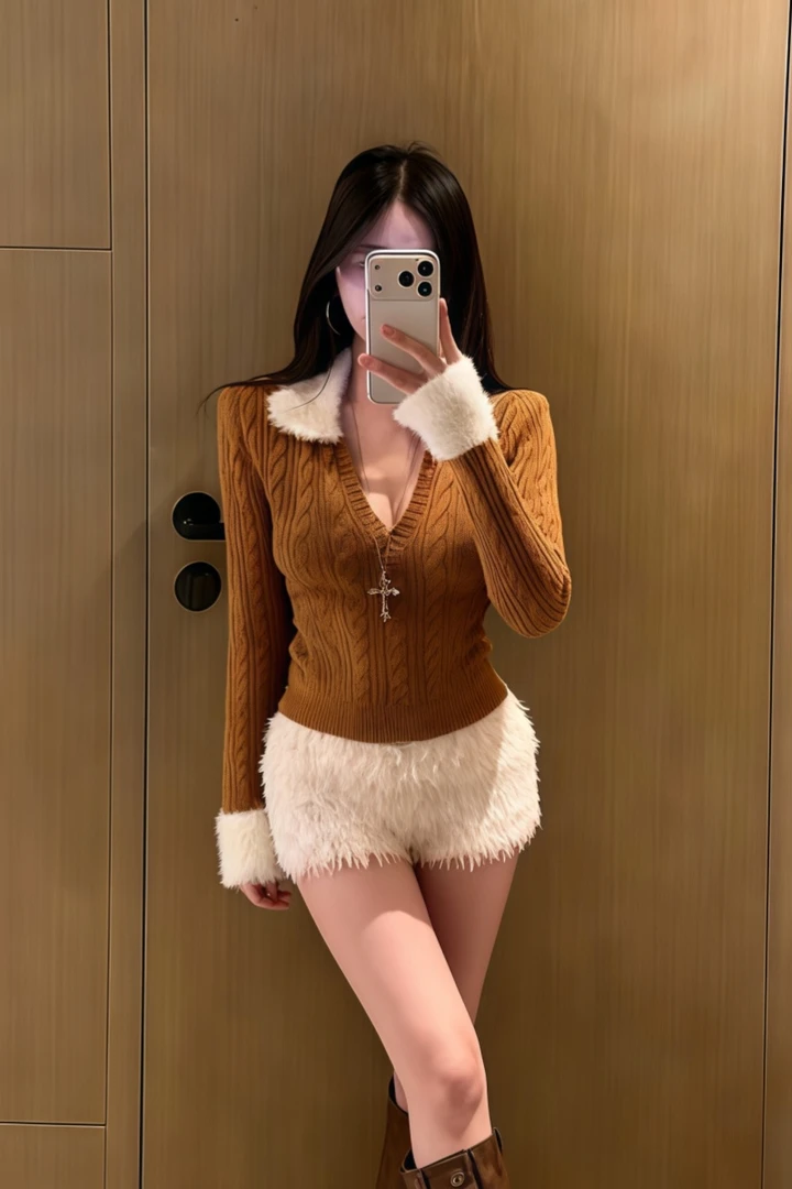 毛毛领拼接V领长袖麻花针织衫秋冬2025年修身显瘦毛衣上衣