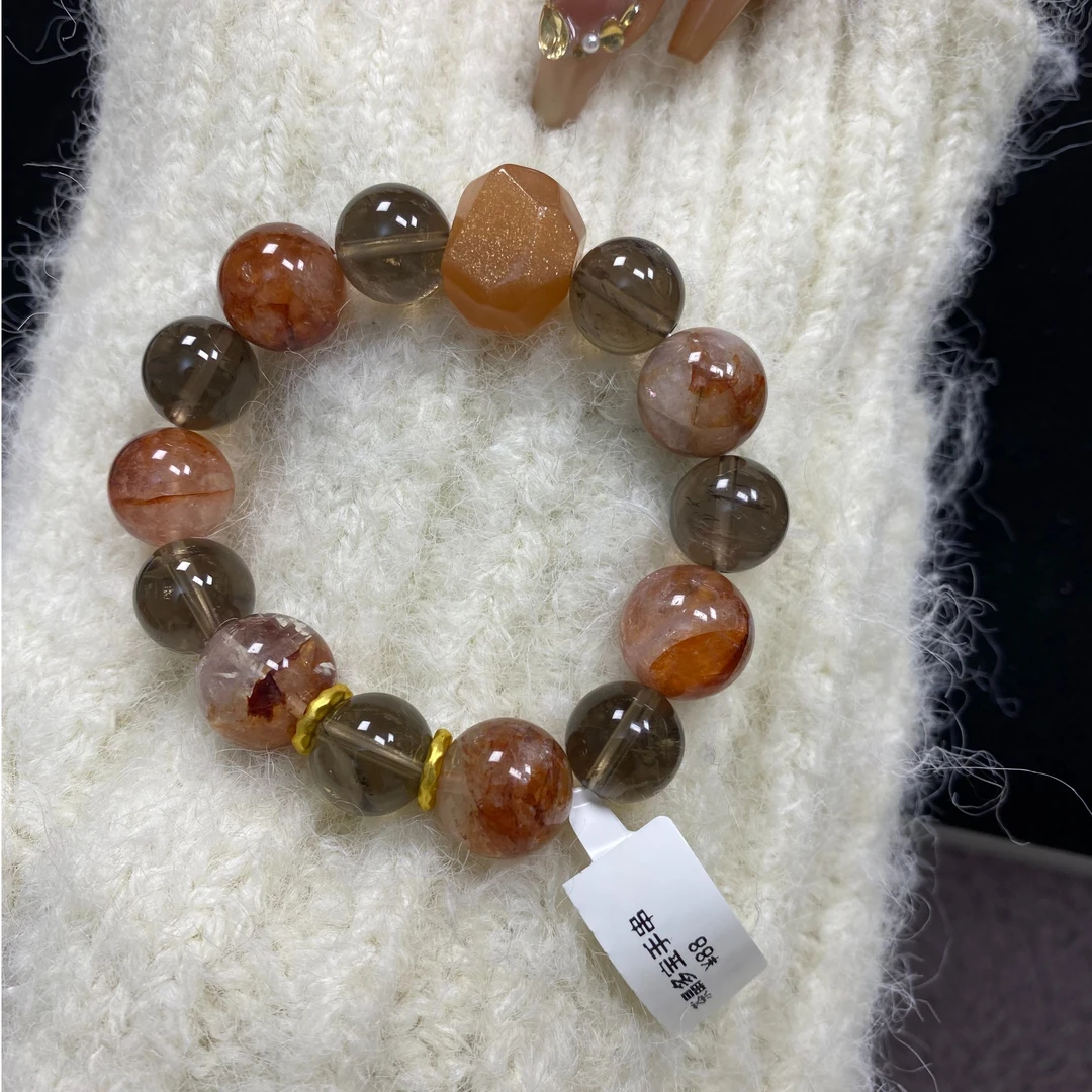 天然水晶多宝手串（茶晶太阳石红胶花）默认微瑕