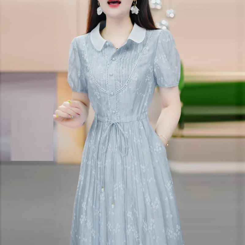 高端时尚碎花短袖连衣裙女2025夏季新款妈妈装优雅气质减龄中长裙